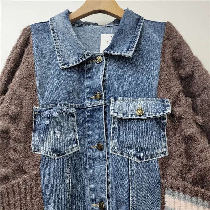 Getspring Women 2024 Autumn Denim Ed Knitted Cardigan Fashion All Match Single Breasted Losoe Casual Knit Sweater