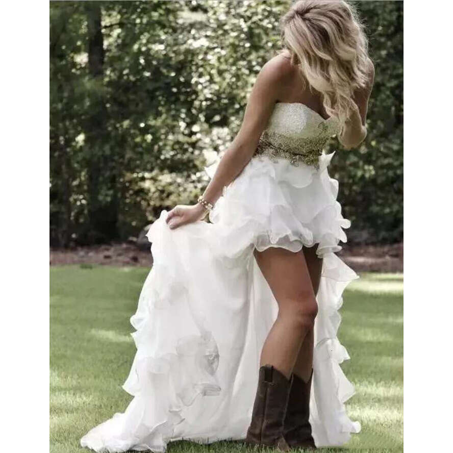 Sweetheart Country Boho Wedding Dresses Gown High Low Gold Lace Beads Strapless Ruched Bridal Gowns Short Front Long Back Train Vestidos De Novia