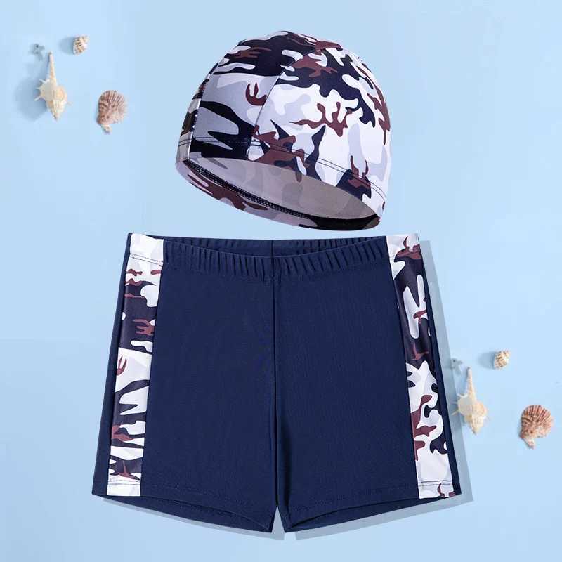 2024 New Boys Camouflage Swimsuit Summer Swimming Swimsuit (Swimming Cap+Swimming Relay) Suitable for Children Aged 4 to 12 X250224