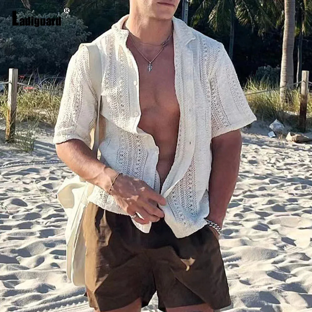 Europe Summer Knitting Blouse Solid White Hollow Out Shirt Mens Casual Beach Top Cardigans Lepal Collar Knitwear 250222