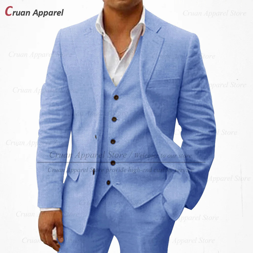 20 Colors Classic Beige Linen Suits Men Set Beach Wedding Groom Suit Summer Casual White Business Jacket Vest Pants 250222