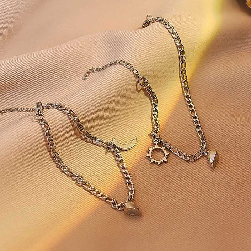 2PCS Stainless Steel Non Fading Hip Hop Bracelet Magnet Sun Moon Bracelet Suitable for Couples Girlfriends and Simple Handmade JewelryXJ250225