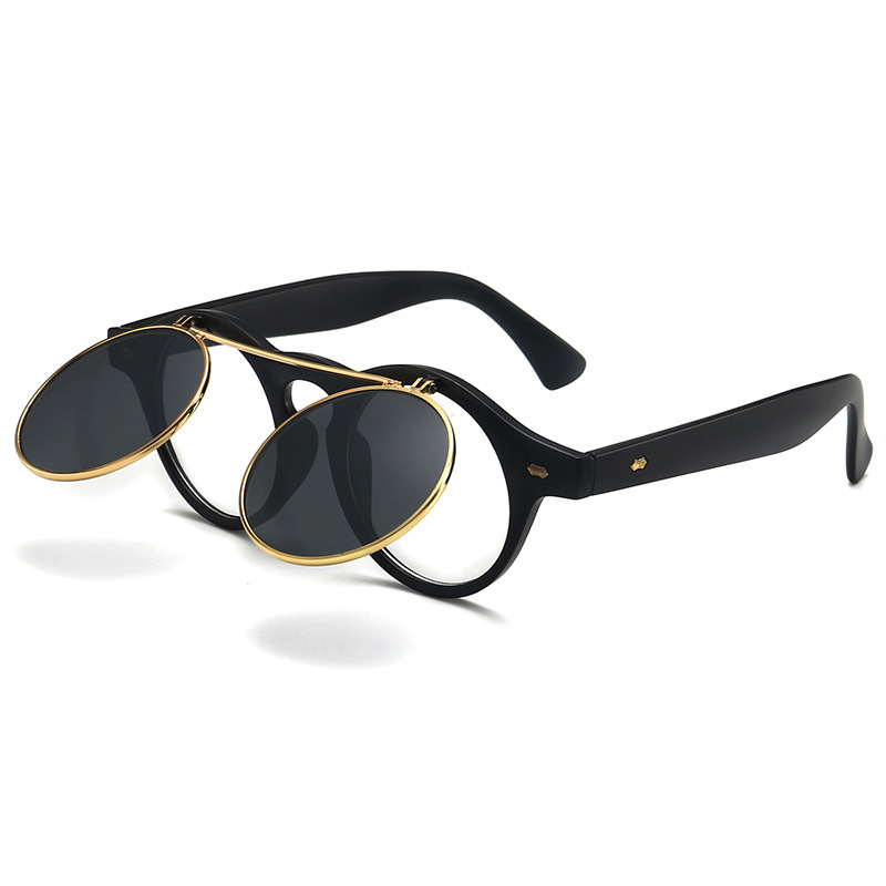 Retro flip-top sunglasses; punk steam round double-layer sunglasses; European and American trend sunglasses.