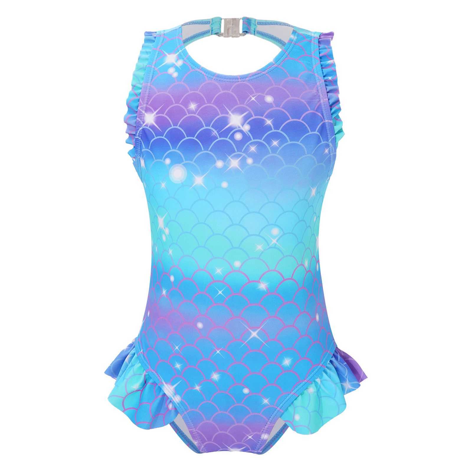 One piece mermaid swimsuit for children and girls sleeveless fish scale print pleated edge one-piece swimsuit swimming pool swimming pool sports swims