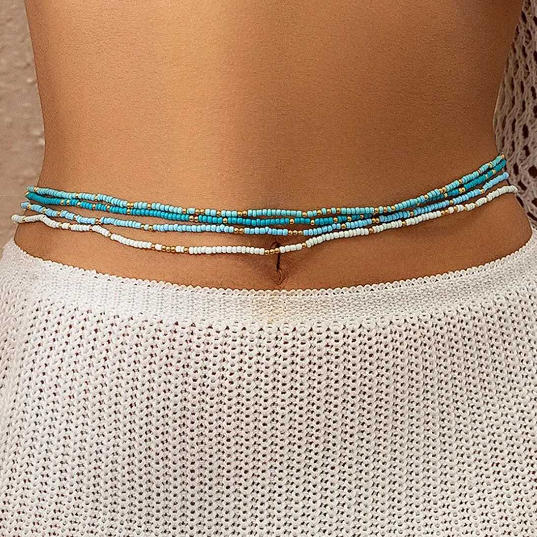 SHIIXIN 4Pcs/Set Bohian Colorful Small Seed Bead Waist Chain for Women Summer Bikini Multilayer Belly Chain Beach Body JewelryXJ250224