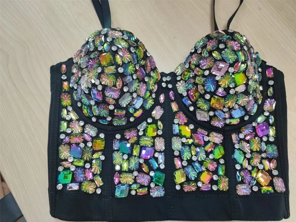 Punk Corset Rhinestone Diamond Tank Top Women Bra Stage Party Camis Sequin Shirt Woman Clothes y2k Blusa Crop Tops Ladies Shaper 250224