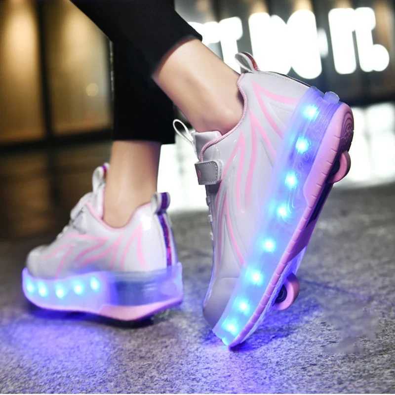 YUNICUS Led Light Boys Girls Shoe USB Charging Black Two Wheels Luminous Sneakers Roller Skate Shoes for Children Kids Led Shoes W250225
