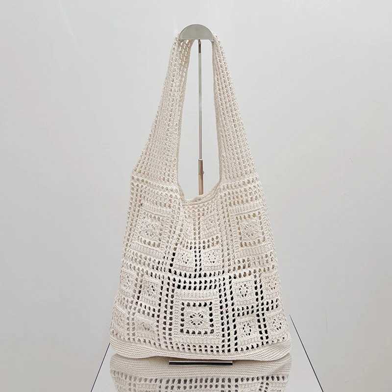 Knitted Shoulder Bags Fashion Hollow Woven Large Capacity Crochet Bag Solid Color Shopping Tote Women Girls