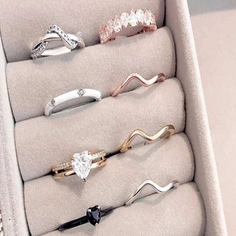 925 Sparking Gold Moon And Star Ring Set For Eternity Pave Round Rings Vintage Bands Womens Jewelry Gifts