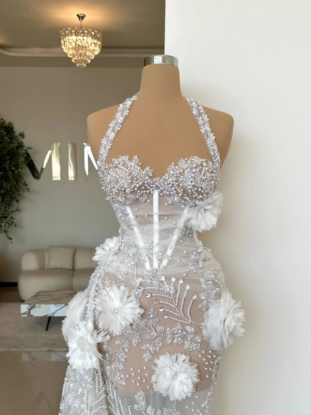 Sexy Halter Wedding Dresses See Through Mermaid Bridal Gowns 3D Flowers Beaded Pearls Sequins Customized Princess Sweep Train Bride Dress Vestidos De 