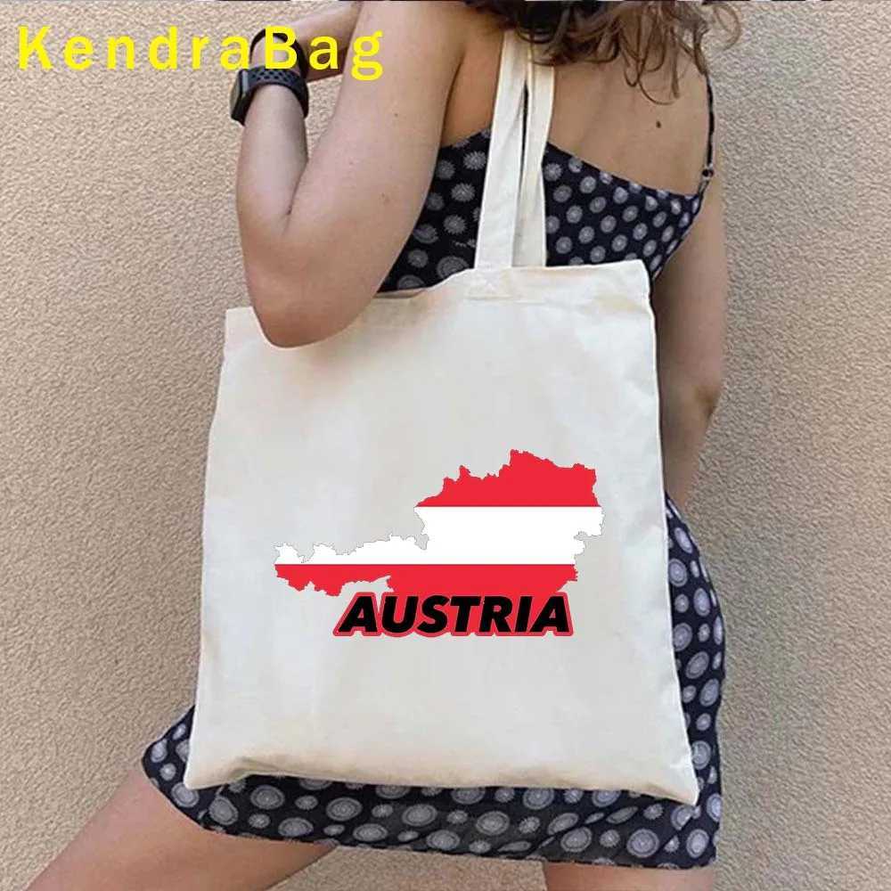 Vintage Austria Map Flag Emblem Austrian Coat of Arms Vienna Skyline Shoulder Canvas Totes Bag Harajuku Shopping Cotton Handbags Z250224