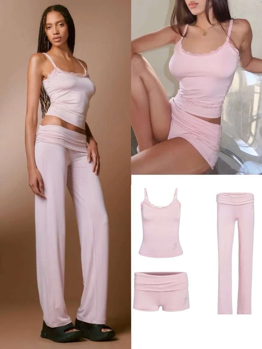 Iamgia Super Comfortable Tender Powder Press Drill High Elastic Cotton Lace Halter Tank Shorts Straight Pants