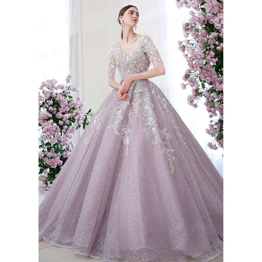 Elegant V-neck Half Sleeves Ball Gown with Appliques Sequins Chic Floor Length Dresses ha the Train Sweep Party Evening Prom Dress