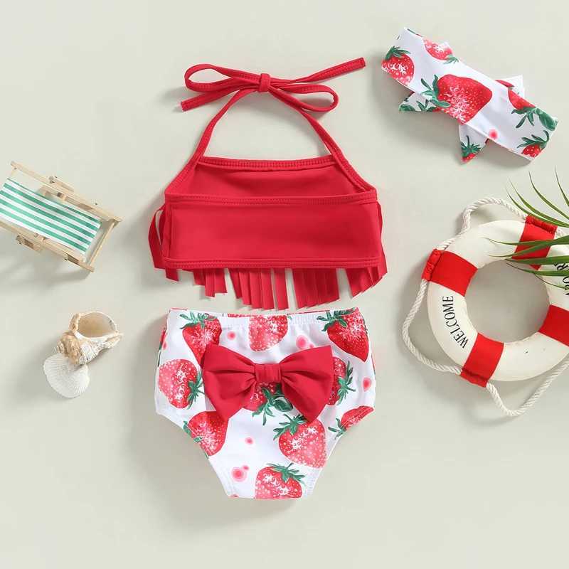 0-3Y Summer Baby Swimwear Girls 3 Piece Halter Bikini Set Strawberry Print Tassel Bathing Suits Toddler Swimsuits Kids Beachwear X250224