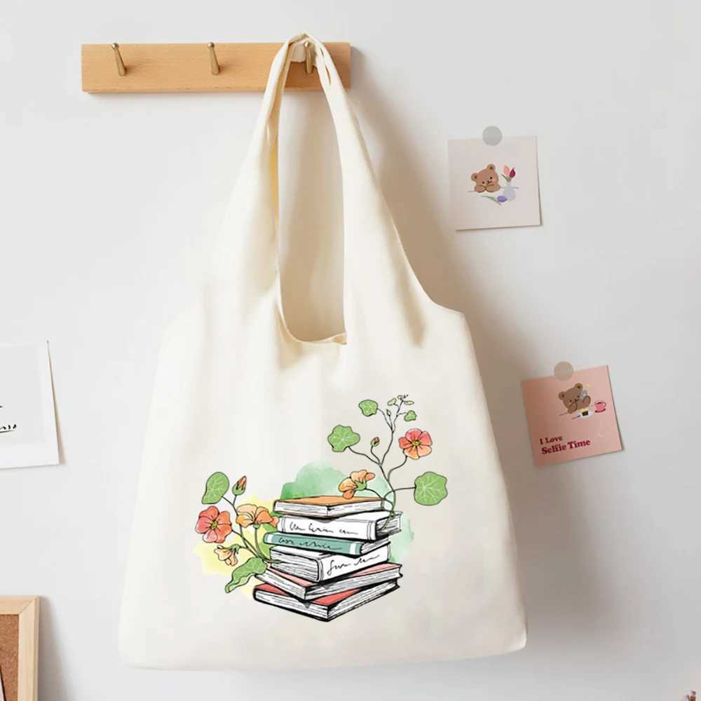 Floral Books Watercolor Tote Bag Literature Book Flower Shoulder Bags Illustration Girl Book Bag Travel Harajuku Canvas Handbag Z250224