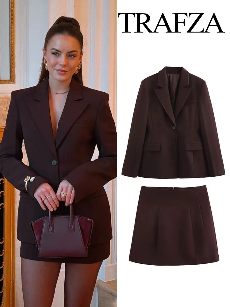 TRAFZA Women Fashion Suits Brown TurnDown Collar Long Sleeves Single Breasted BlazerHigh Waist Zipper Skirt Female Spring Sets 250222