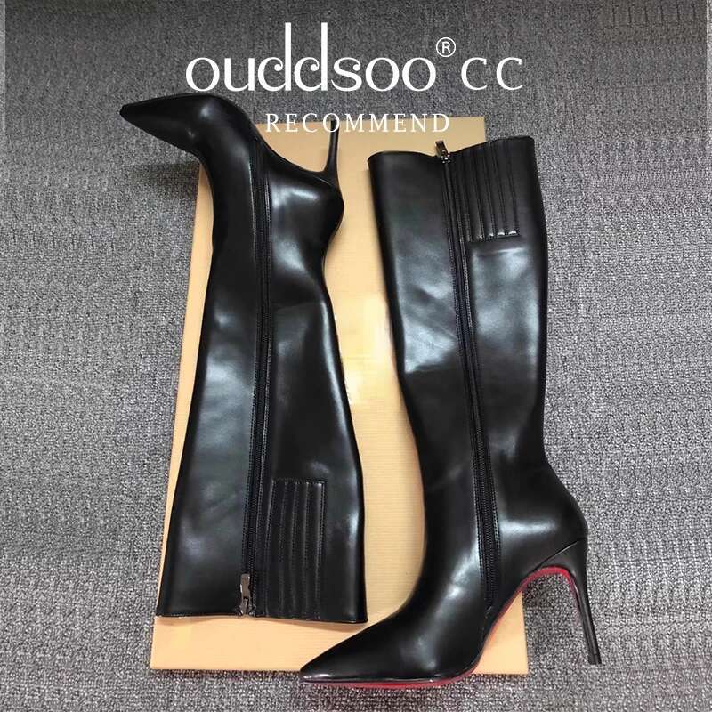 Ods Trend Brand Designers Stiletto Boots For Women Sexy Pointed Toe Pole Knee High Brown Black Leather Red Sole Botas 9Cm 414346