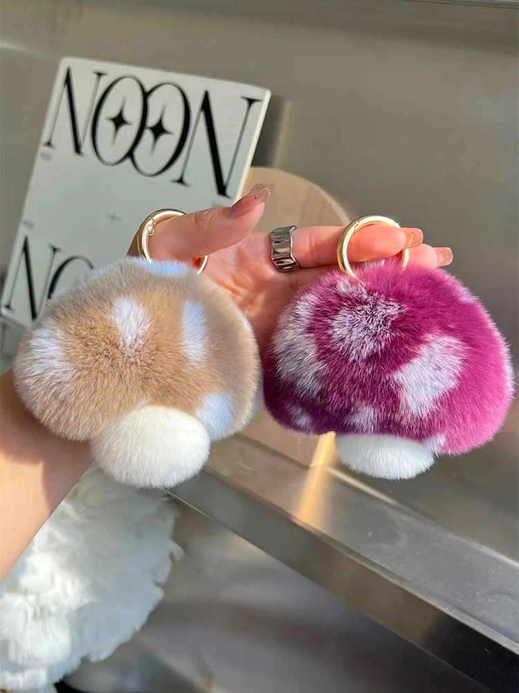 Cute Mushroom Real Rex Rabbit Fur Key Chains Schoolbag Toy Pendant Plush Ball Women Bag Charm Ornaments Car Keyring Gift 250224