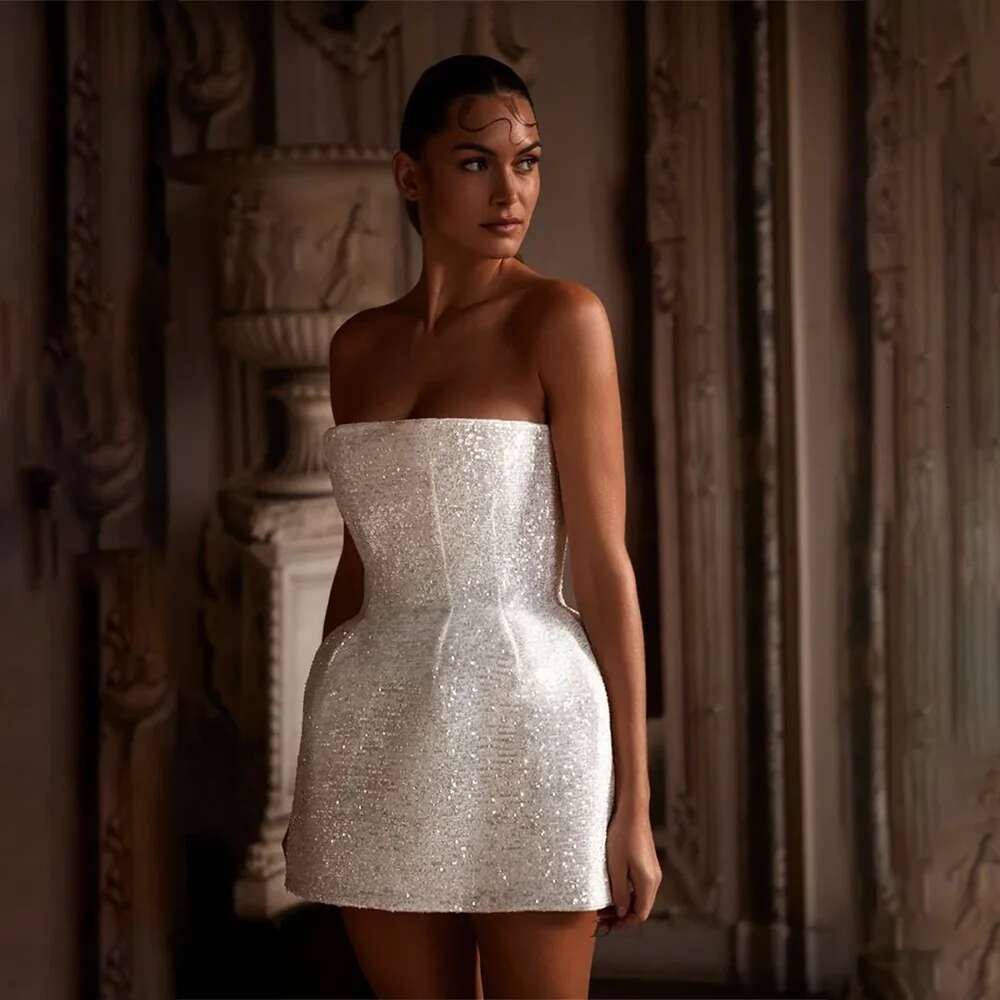 of the strapless sleeveless mini hot female prom sequins style short tail fashion elegant evening dresses