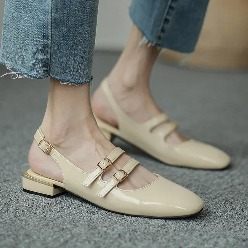Women Sandals Summer Shoes Woman Flats Double Buckle Mary Janes Shoes Patent Leather Dress Shoes Back Strap Zapatos Mujer 250224