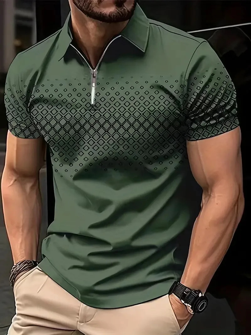 Mens Polo Shirt Fashion Dot Print T ShirtZip Polo Shirt Retro Casual Short Sleeve Summer Streetwear Mens Casual Plus Size 250225