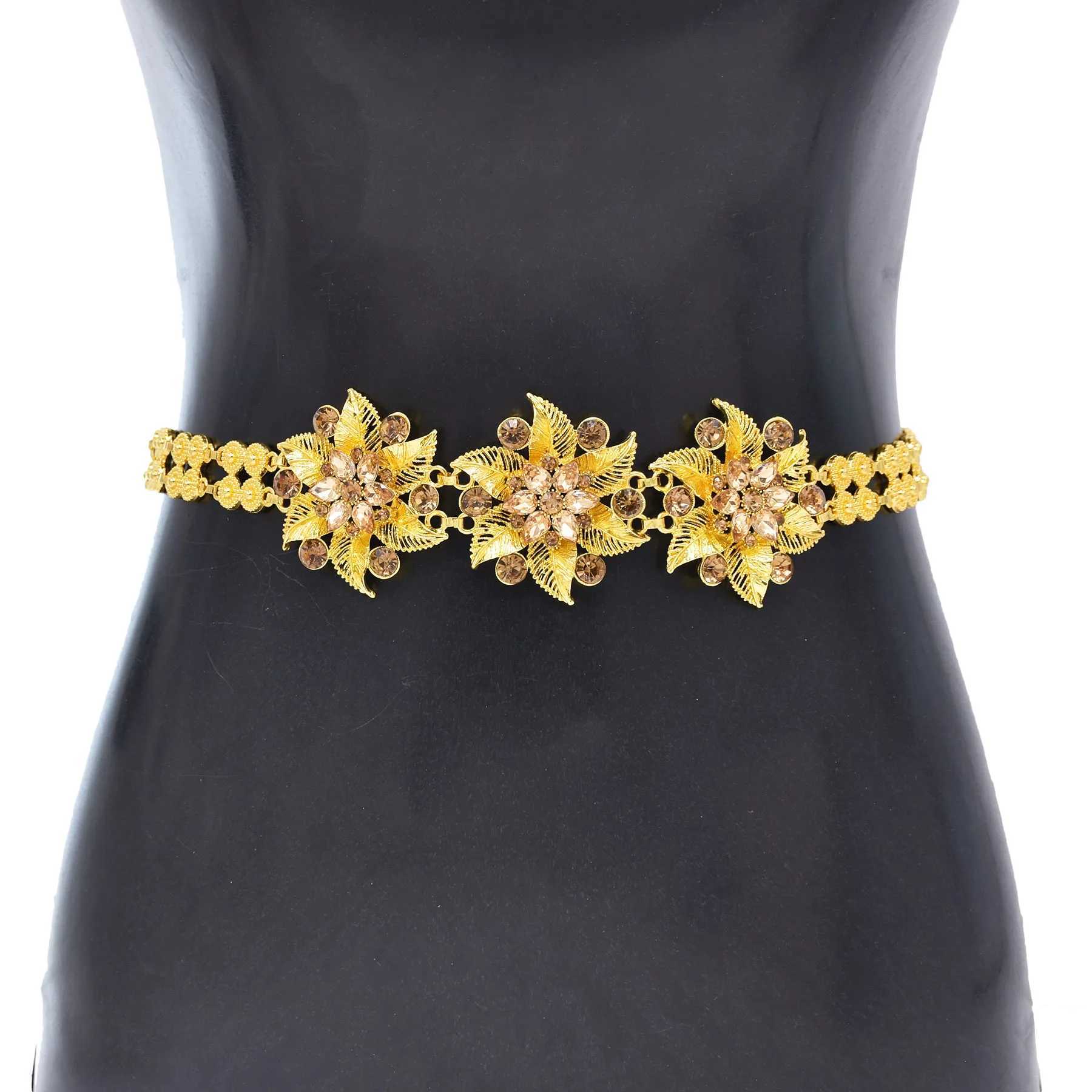 Diamond inlaid flower Chatelaine vintage womens gold strap ethnic Sty Adjusteab mooring chain alloy waist chain jewelryXJ250224