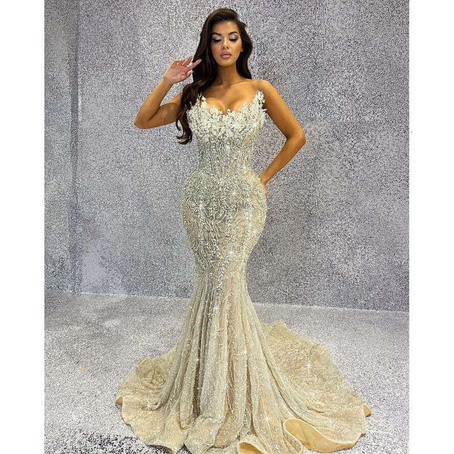 Sparkly Mermaid Evening Sleeveless V Neck Beaded Appliques Sequins Pearls Dias Or Length Prom Dresses Formal Plus Size Gowns Party Dress