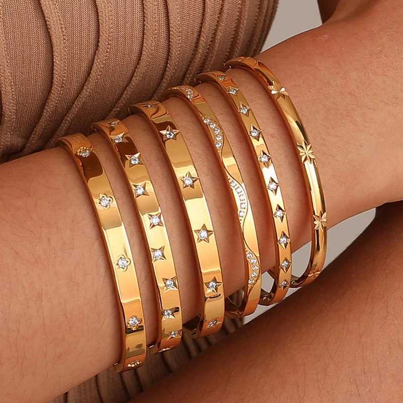 Open Adjustable Star Staurst Cuff Bangle Bracelet for Women Stainl Steel Cubic Zirconia Inlay Charm Layered JewelryXJ250225