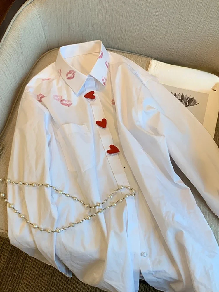 French Style Turn Down Collar Blouse Spring Print Heart Button White Long Sleeve Blusas Harajuku Unisex Loose Lip Shirt Women 250225