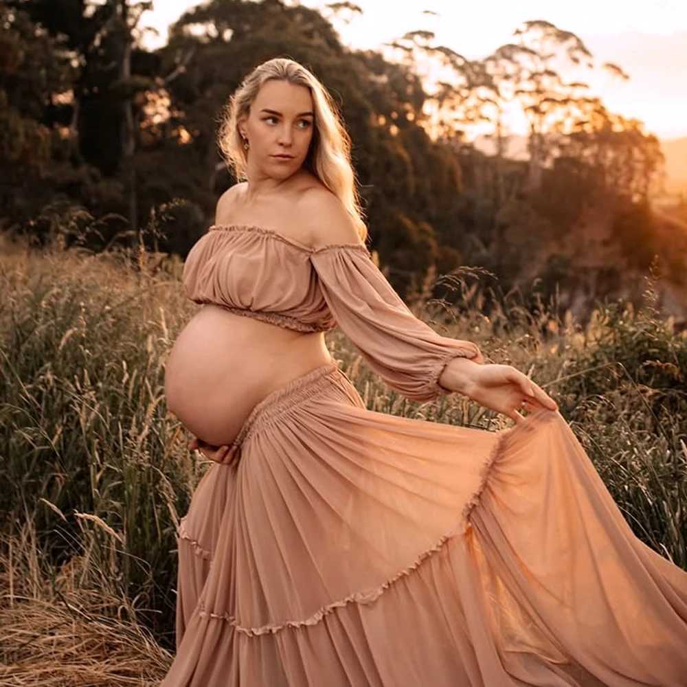 Maternity Dresses For Baby Showers Elegant Chiffon Long Sleeved Two-Piece Set Bohemian Photo Shooting Pregnancy Dress X250224