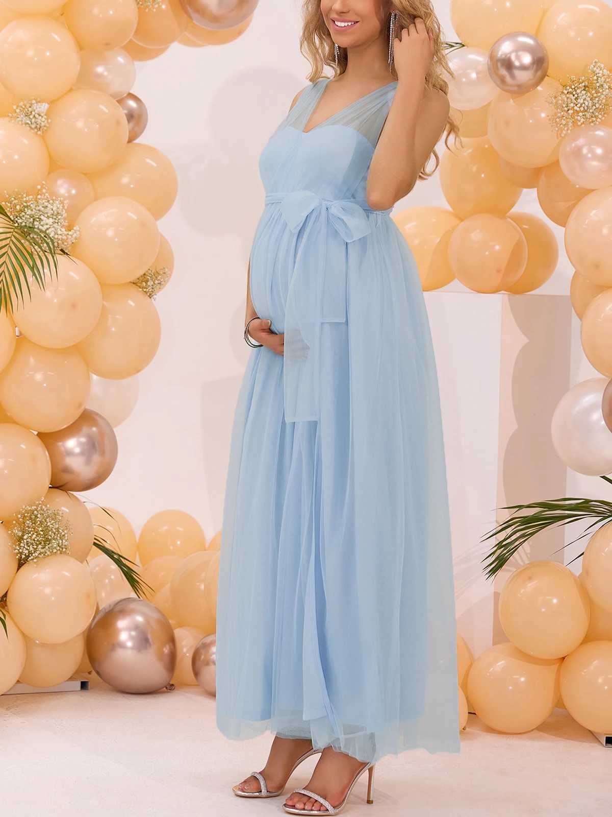 ItsRoya Solid V Neck Backless Pregnant Dress With Waist Tie Casual Photography Props Dresses Loose Side Split Maternity Dress X250224