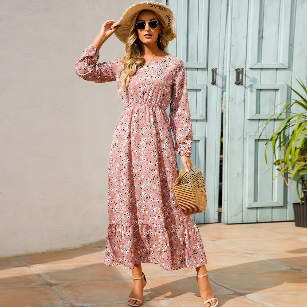 Sping Summer Bohemian Women Maxi Dress Casual Long Sleeve High Waist Beach Woman Chiffon Dresses Floral Vestidoes Mujer 250225