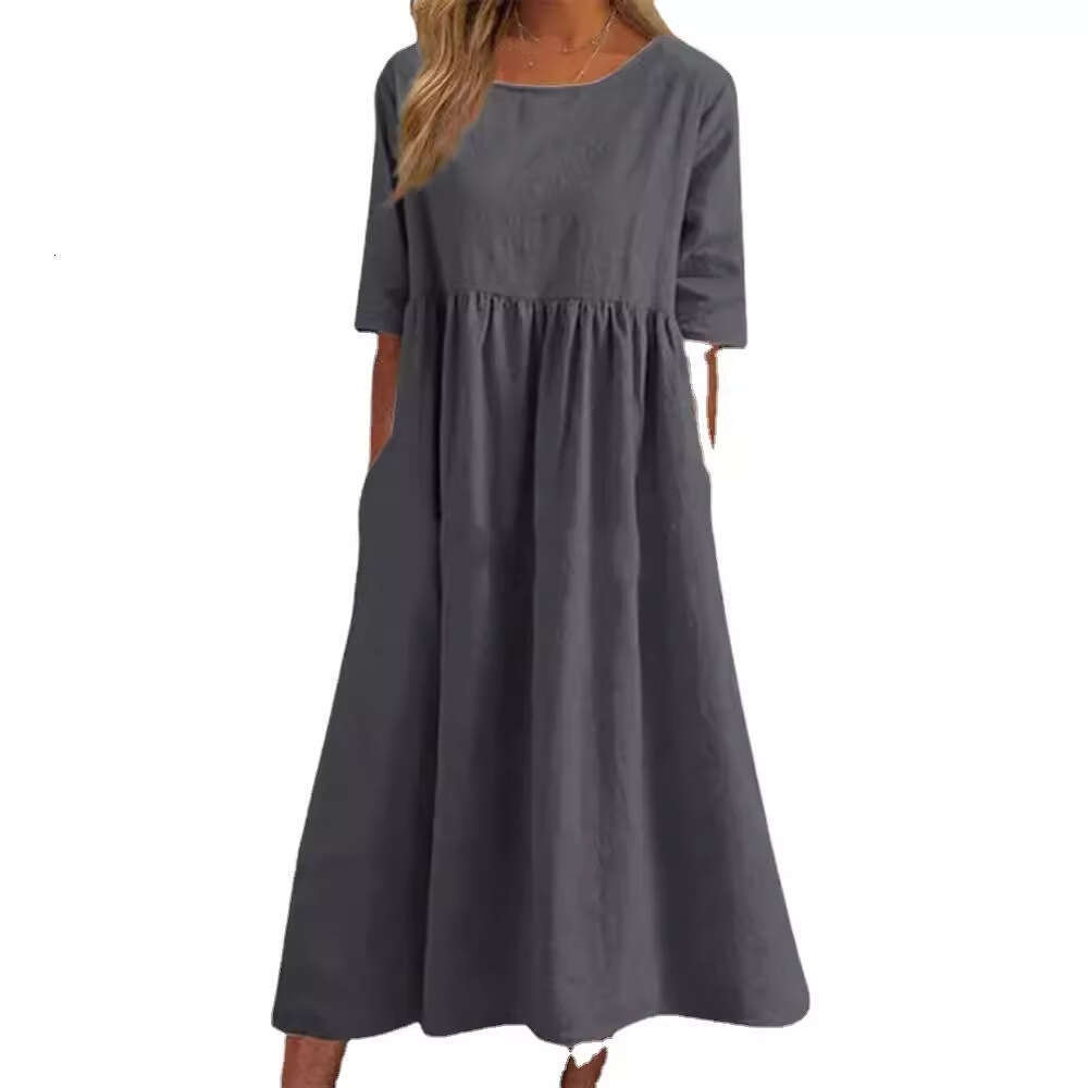Spring/Summer New Round Neck 5-Cent Sleeve Large Casual Loose Long Solid Color Cotton And Hemp Dress