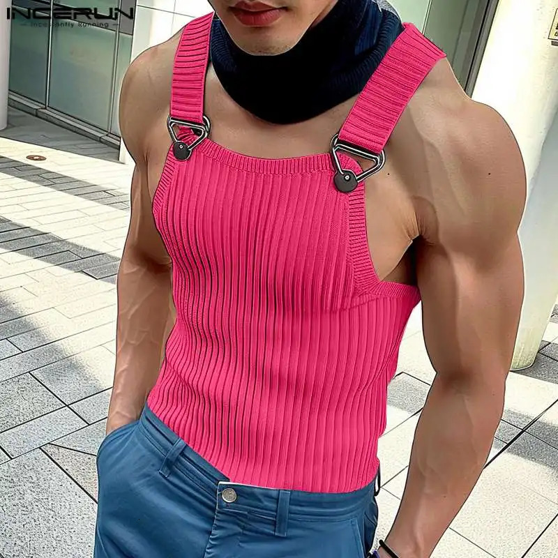 2024 Mens Tank Tops Solid Color Knitted Sleeveless Button Streetwear Casual Vests Summer Fitness Fashion Men Clothing INCERUN 250224