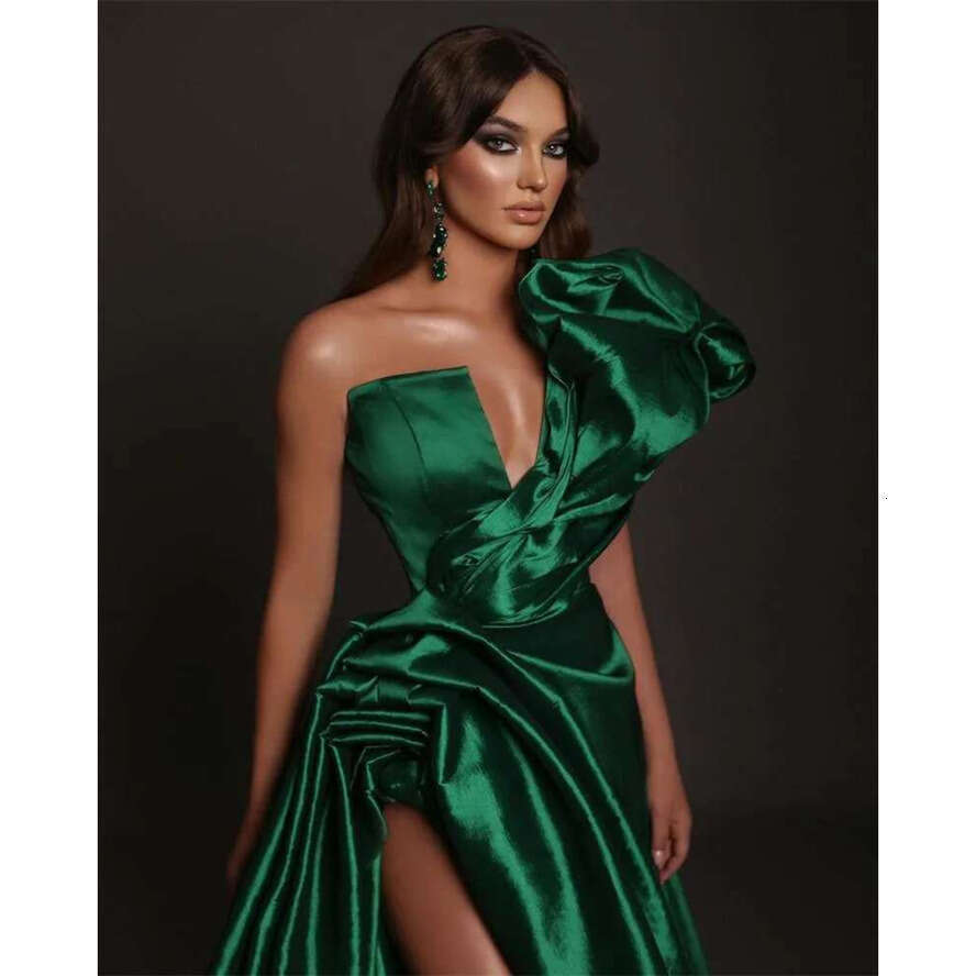 Elegant Green Evening Dresses One Shoulder Puffy Sleeveless Party Prom Banquet Custom-Made Side Split Or Length Ful Robe De Marie