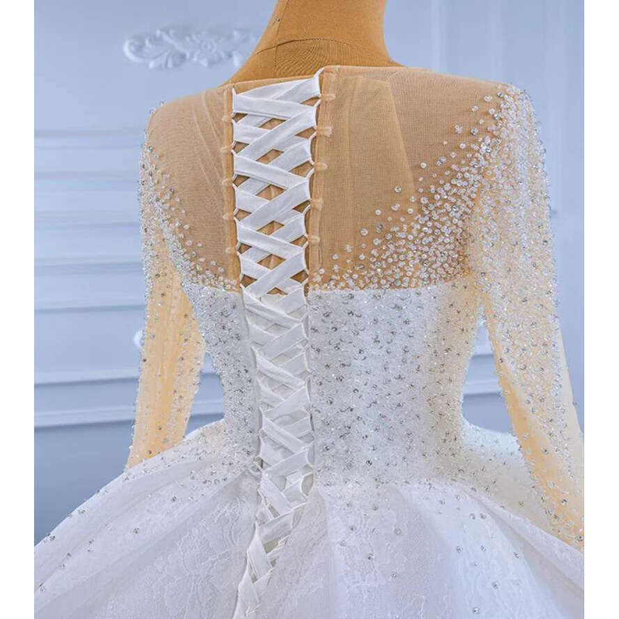Princess Wedding Dress Sweetheart Sleeves Crystal Pearls Lace Bridal Formal Gown Arabic Dubai Custom Made Vestidos Noiva Robe De Mariage