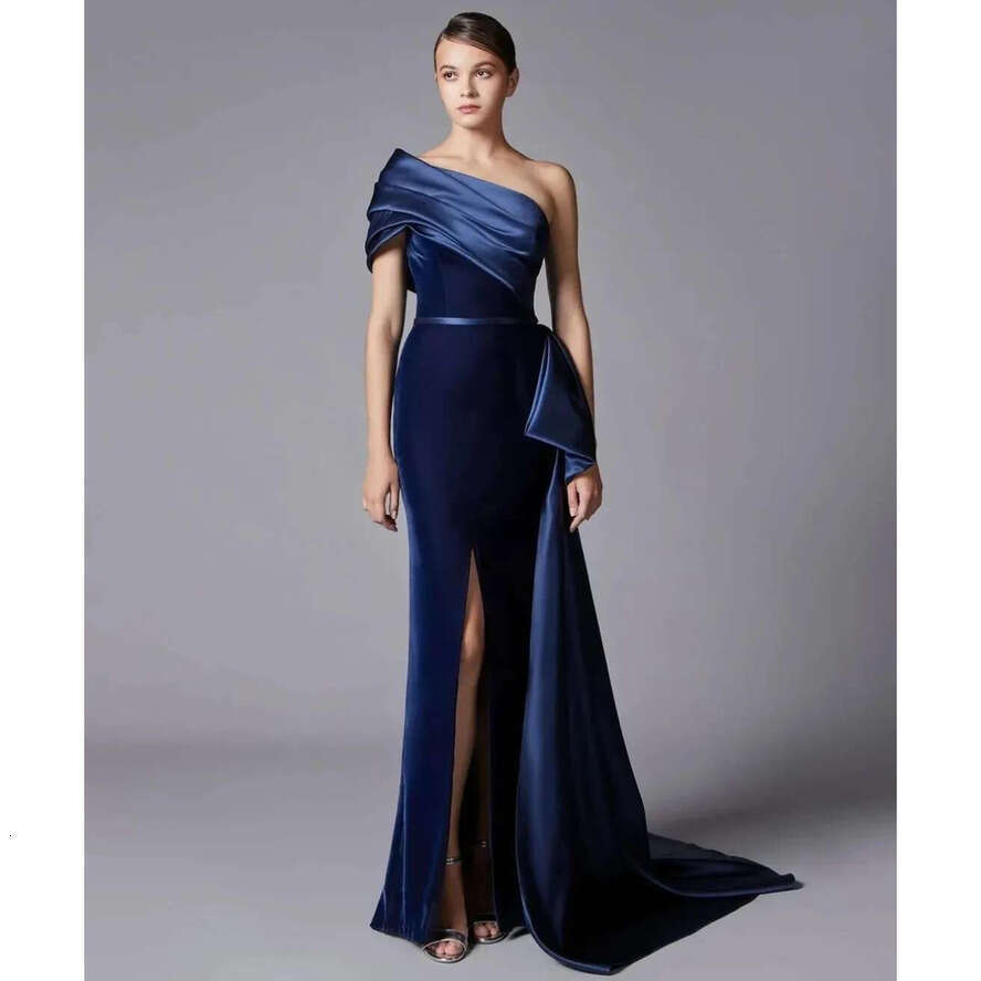 New Mermaid Formal Evening Dress 2025 One Shoulder Pleated Silt Veet Satin Bury/Navy Blue Prom Party Gowns Robe De Soiree Abendkleider