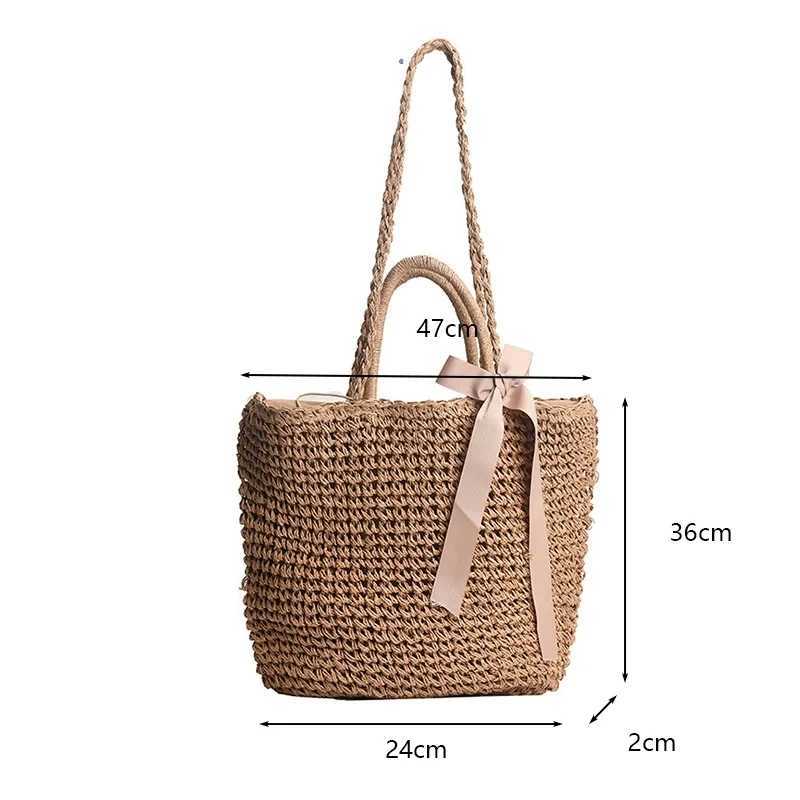 Summer Female Travel Beach Bag Bow Decors Bucket Shoulder Bags Handmade Straw Hollow out Bag Vintage Handbags Bolsa