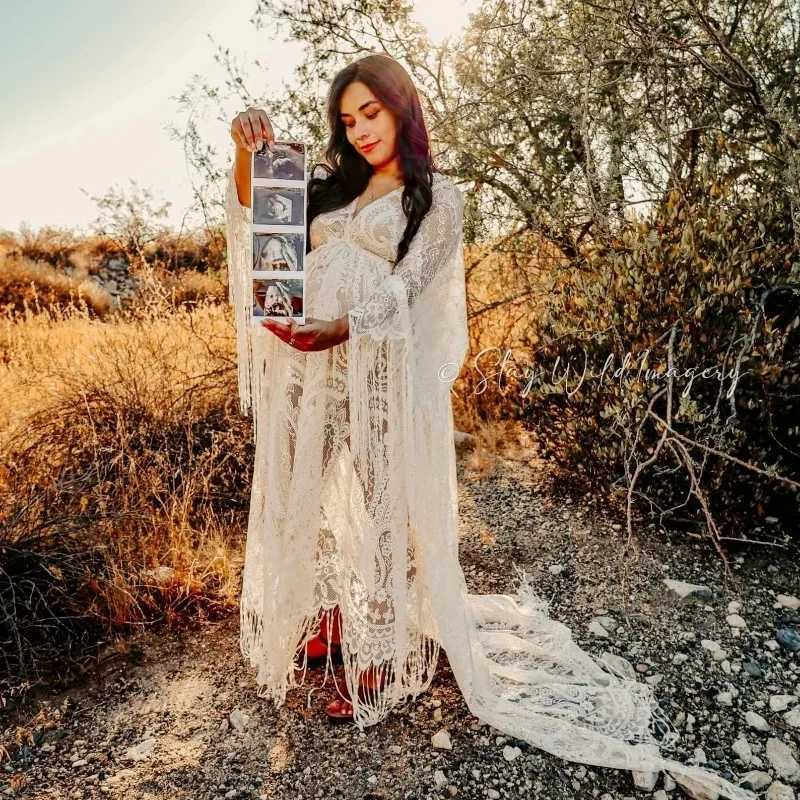 Boho Lace Maternity Photography Props Dresses Free Size Adjustable Pregnancy Photo Shoot Bohemian Long Dress Sides Slit X250224