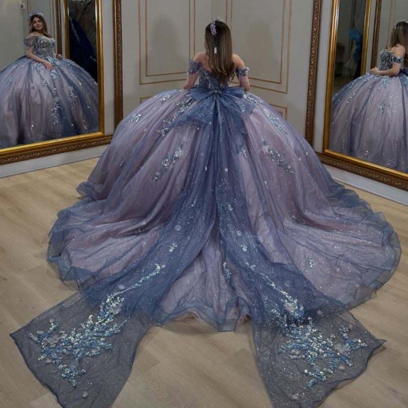 Navy Blue Shiny Quinceanera Dresses Ball Gown Off The Shoulder Applique Lace Bow Beading Tull Party Birthday Sweet 16 Dress Vestidos 15 De Anos