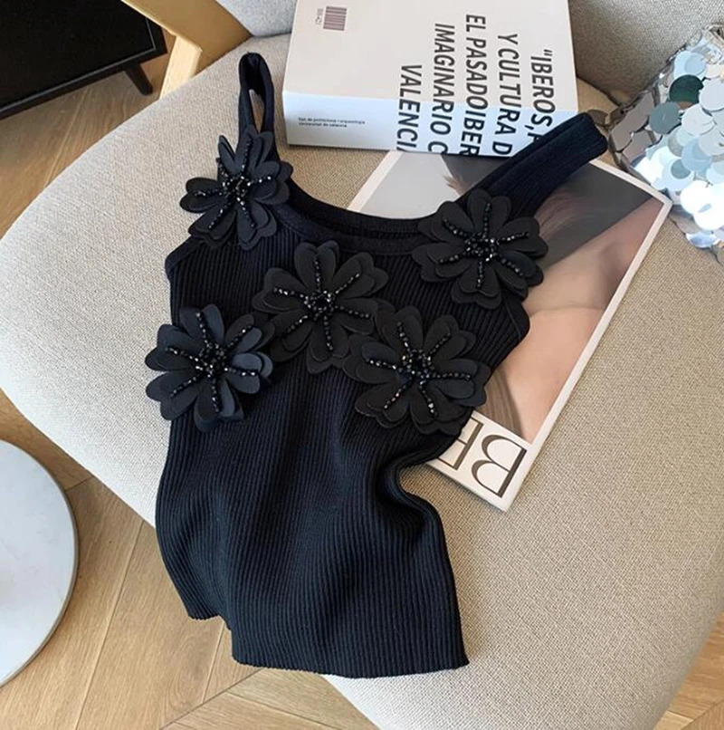 Heavy Industry Sequined Flower Splicing Tank Top Womens Summer Blouse Outerwear Knitted Sleeveless Top 250224