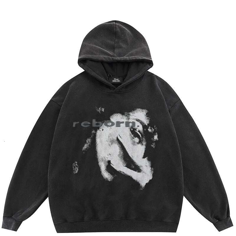 2024 Oversize Hoodie Sweatshirt Women Men Streetwear Face Ghost Shadow Graphic Haruku Retro Washed Black Hooded Pullover Y2K