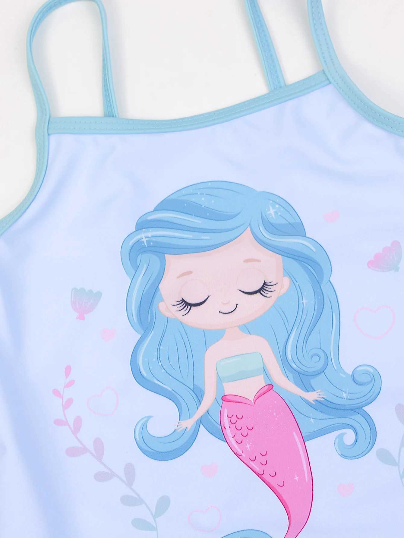 Girls Blue cartoon Cute Mermaid Graphic Ruffles Patchwork One Piece Swimsuit Swimwear Kids Summer Beach Bathing Suit X250224