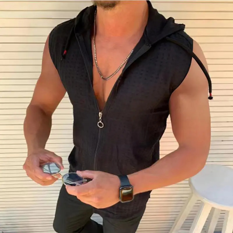 mens fashion Summer Beach wind Sleeveless zipper hooded T-shirt Casual beach Tank hooded beach Sun-protective clothing 250224