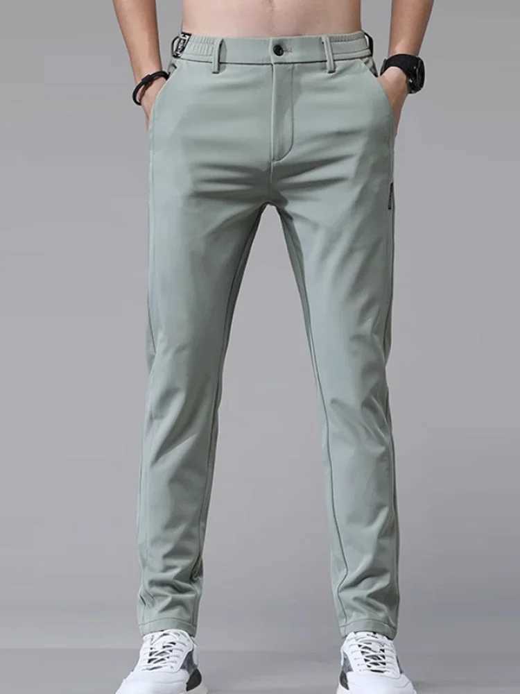 Mens casual pants semi elastic waistband nylon ice silver elastic straight tube light gray business gentleman summer casual W250225