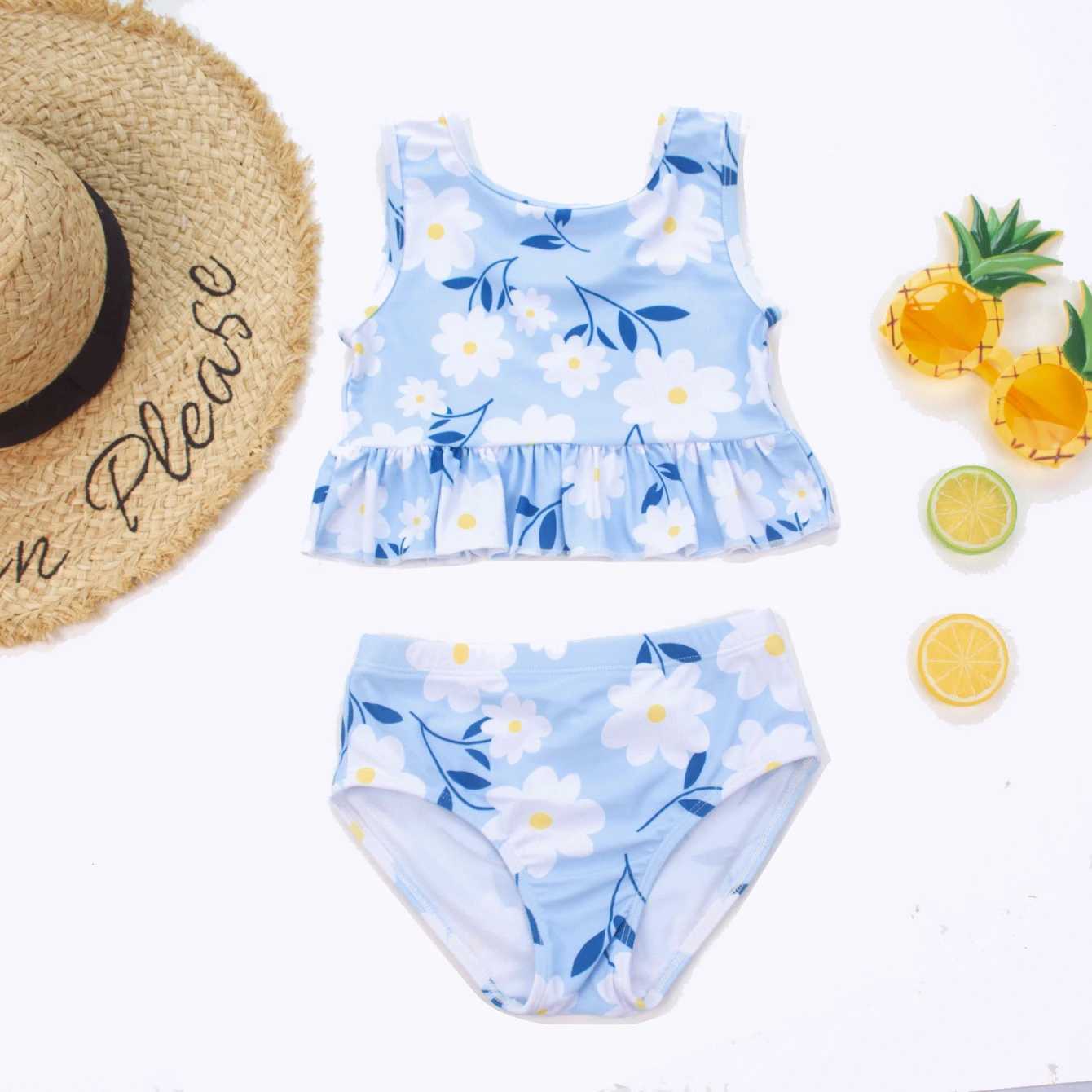 Flower ruffled high stretch beach girl childrens swimsuit high waist swimsuit childrens vacation bikini set X250224