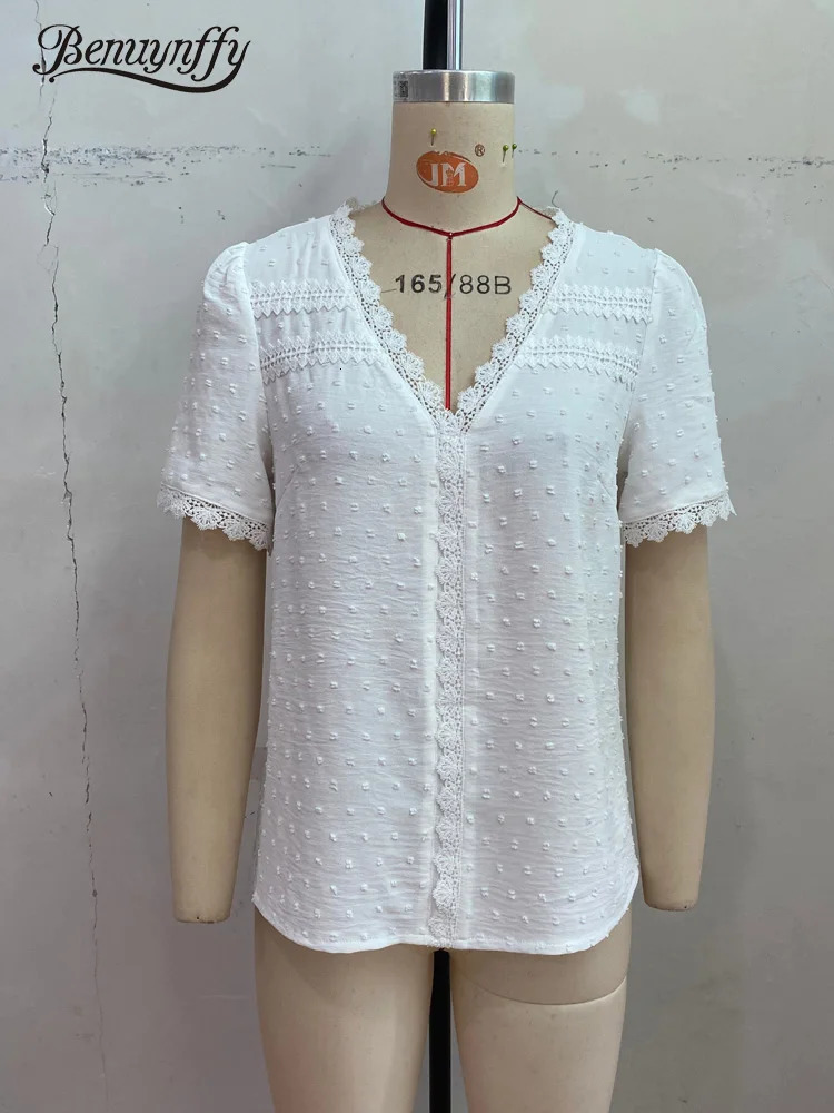 Benuynffy V-neck Lace Swiss Dot Solid Tops Blouse Women Fashion Summer Short Sleeve Boho Sweet Casual Female Blouses 250224