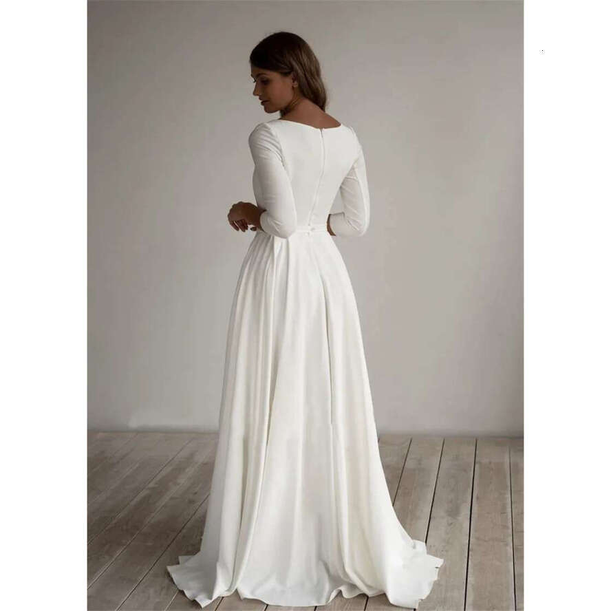 Simple Wedding Dress Long Sleeves A E Crepe Boat Neck Elegant Bridal Dresses With Pockets Plus Size Robe De Mariee