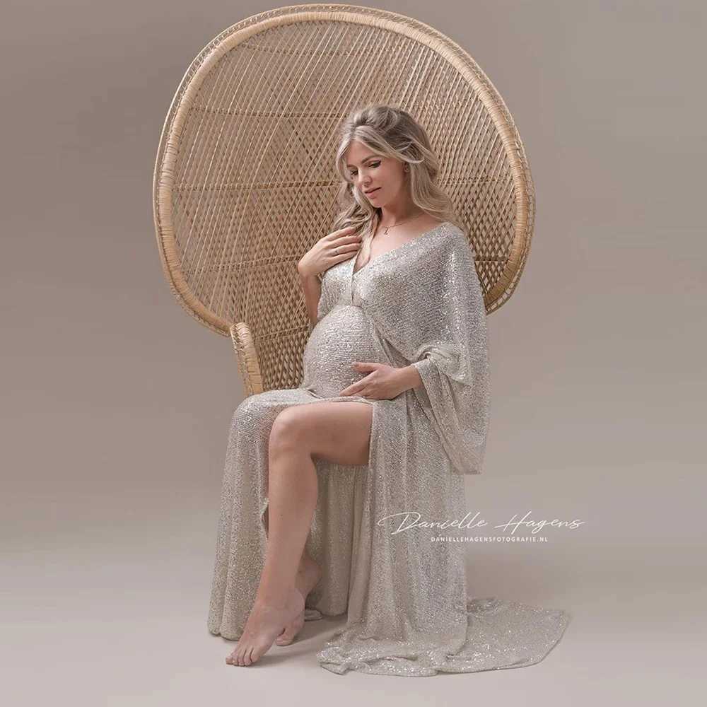 Boho Maternity Dress Sparkling Sliver For Photography Maternity Photography Outfit Maxi Gown Pregnancy Women Long Dress X250224
