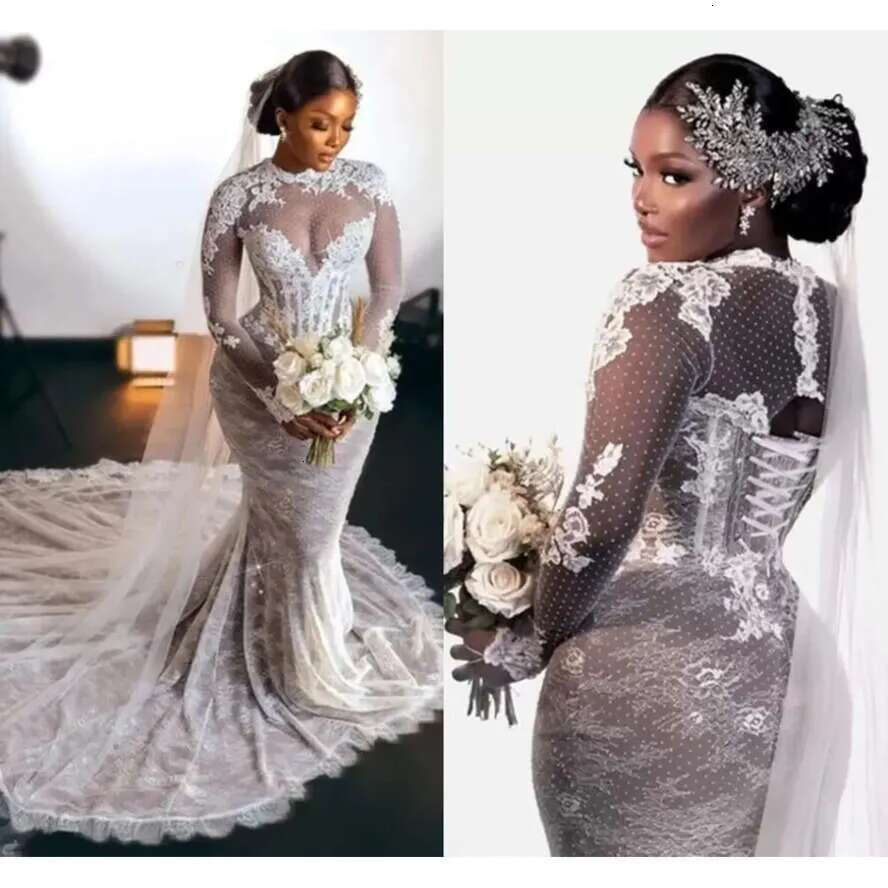 Pcs Sleeve One Long Mermaid Wedding Dresses Full Applique Abito Da Sposa Vintage Lace-Up Corset African Aso Ebi Bridal Dress Gown